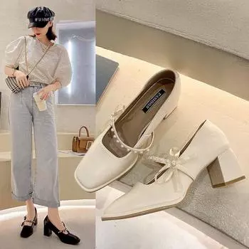 Spring Summer Mary Janes Shoes Women Party Shoes Fashion Ladies High Heels Brand Women Pumps Square Heel 6cm Black D024 4.5 чёрный