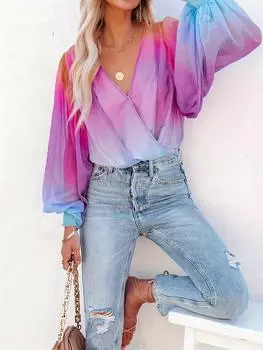 Spring-Summer New Amazon Gradient Sheer Chiffon Fashion Print Pullover Shirt for Women S фиолетовый