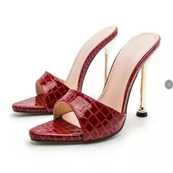 Spring Summer New High Heel Metal Toe Pointed Snake Print Sandals for Women 35 чёрный