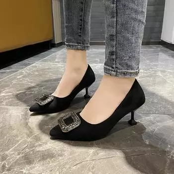Spring/Summer New Pointed Shallow Mouth Water Diamond Suede Single Shoes Thin High Heels Banquet Dress Small Size Women s Shoes 34