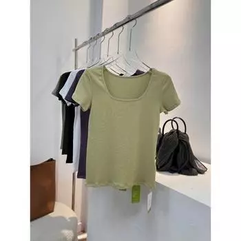 Spring/Summer New V-neck/Square Collar Style] Thread Shoulder Flying Sleeve T-shirt Women s Silm Slim Looking Short Sleeve Pullover V Neck olive green L