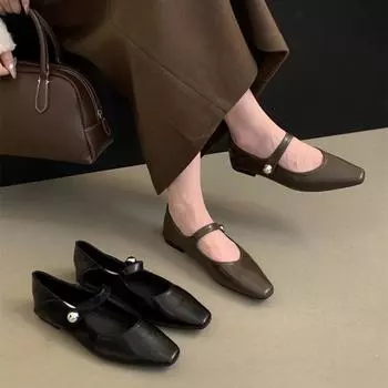 Весна-лето Новые женские туфли на плоской подошве Модные туфли Мэри Джейн с квадратным носком Мягкие повседневные балетки Черные повседневные туфли-лаферы 35 коричневый