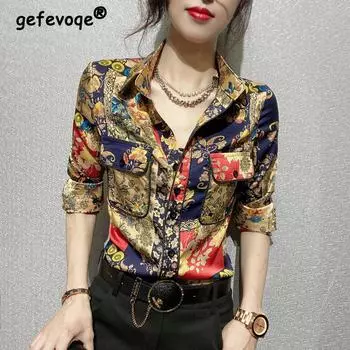 Spring Summer Polo-neck Korean Fashion Printing Shirt Ladies Long Sleeve Harajuku Y2K Casual Top Women Streetwear Buttons Blouse L