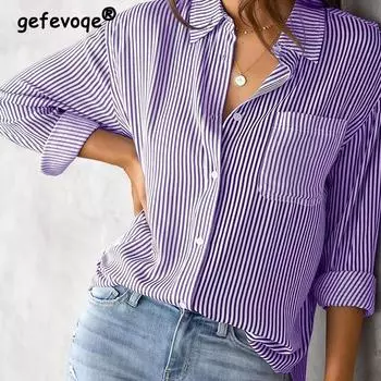 Spring Summer Polo-neck Striped Printed Blouse Female Long Sleeve Loose Casual Fashion All-match Top Women Vintage Elegant Shirt S
