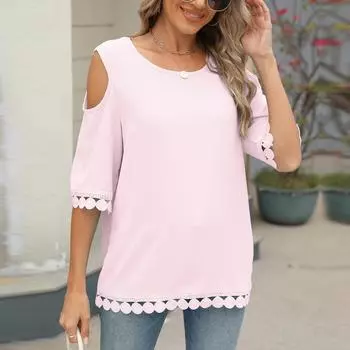 Весна-лето. Круглая горловина. Кружевная шифоновая рубашка с широкими плечами-трюфелями и средними рукавами. Блузки и рубашки для женщин. S светло-синий