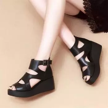 Spring Summer Sandals Women s High Heels Boots Sloping Heels Fish Mouth Women s Shoes Hollowed Out Roman 40EU/CN41 чёрный