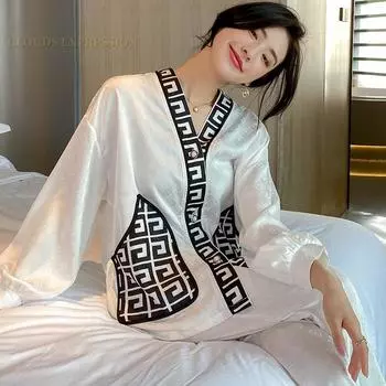 Весна-лето атласная женская пижама комплект с V-образным вырезом дизайн роскошный крест буквенный принт пижамы шелк как ночная рубашка домашняя одежда мода M