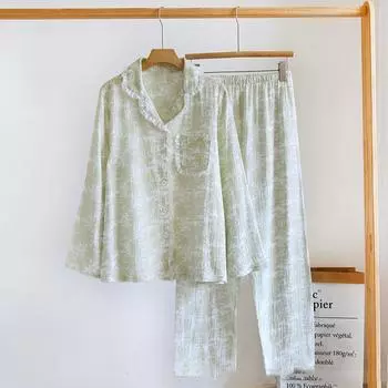 Spring Summer Sleepwear Women s Home Clothes Cotton Long Sleeved Long Pants Two Piece Set L зелёный