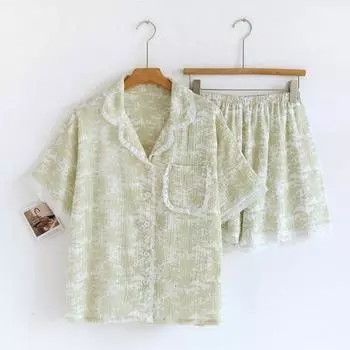 Spring Summer Sleepwear Women s Home Clothes Cotton Long Sleeved Long Pants Two Piece Set L зелёный