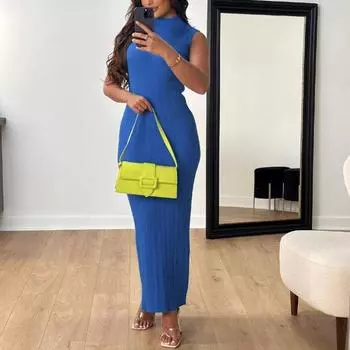 Spring Summer Slim Square Collar Tank Midi Dress for Women Clubwear Buttock Dress Elastic Sexy Club Pencil Dress S синий