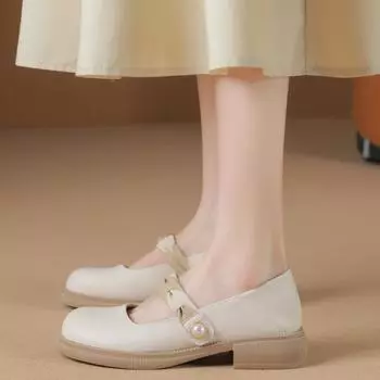 Spring Summer Small Leather Shoes Shallow Mouth Thick Heel Women Shoes Casual Simple All-match Solid Color Single Shoes Female 34 абрикосовый