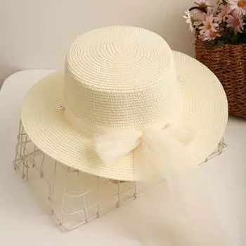 Spring Summer Summer Straw Hat Pearl UV Protection Cap Summer Wide Brim Sun Hat Travel белый
