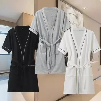 Spring & Summer Unisex Short-Sleeve Cotton Bathrobe: Women s Regular & Men s Large Sizes, Hotel Quality Nightgown Large
