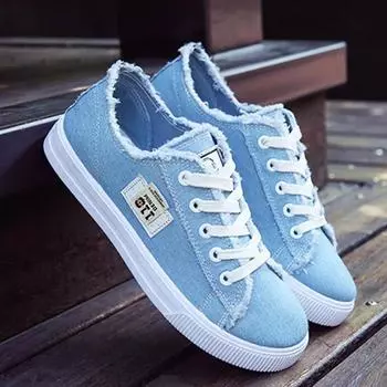 Spring Summer Women Canvas Sneaker Low Top Denim Sneakers Ladies Lace-Up Flat Canvas Trainers Girl Board Shoes Female Tide 35 синий