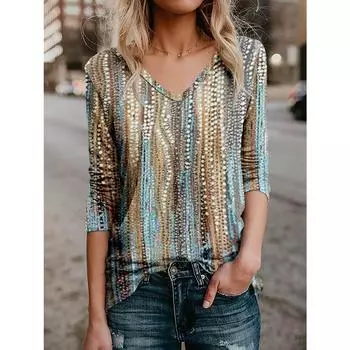 Весна Лето Женская мода футболка Повседневный случайный принт цвет Clash V-образный вырез длинный рукав трикотажный пуловер Топы S