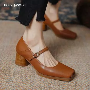 Spring Summer Women Mary Jane Pumps Square Toe Mature Basic Office Lady Genuine Leather Buckle Strap Thick Heels Shoes Woman New 34 хаки