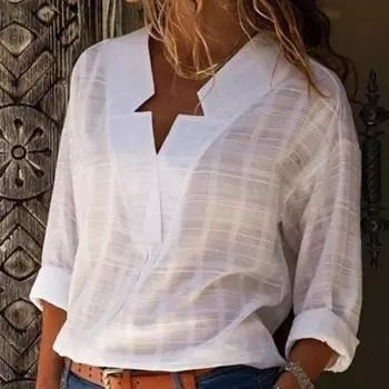 Spring Summer Women s Fashion Casual V-neck Long Sleeve Solid Color Shirt S белый