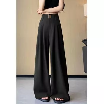 Spring Summer Women s High Waist Suit Wide Leg Full Pants Buttons Female Elegant Minimalism Straight Loose Trousers XXL чёрный