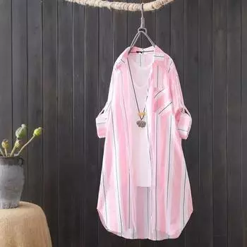 Spring Summer Women s Two-tone Striped Sun Protection Thin Shirt Loose Casual Commuter Wear with An Elegant Lady s Wardrobe Blouse Women XXXL синий