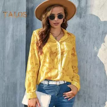Весенне-летняя женская рубашка, однобортная, с длинными рукавами, отложным воротником, 3D аппликацией, свободный кардиган больших размеров, блузка для свиданий 2XL лимонно-желтый