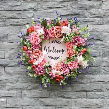 Spring Summer Wreath Artificial Flower Welcome Sign Decorative Hanging Ornament Garland for