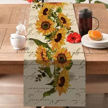 Spring Sunflowers Linen Table Runners Vintage Summer Flower Home Kitchen Dining Decoration Farmhouse Floral Holiday Party Decor 150x33cm 59x13inch