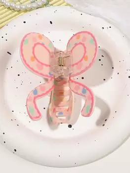 Spring Sweet Pink Spot Flower Bowknot Hair Claw Clip For Women,Butterfly Hairpin Ponytail Stripe Bow Hair Accessories Headwear