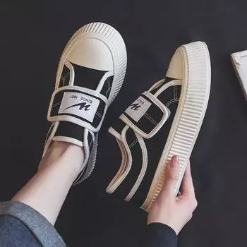 Весенние парусиновые туфли на толстой подошве с застежкой-липучкой, женские студенческие туфли в форме печенья на липучке, классические универсальные белые туфли в стиле ретро 35 белый