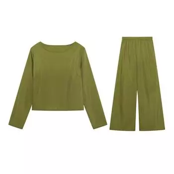 Весенний костюм с верхом и брюками, элегантный женский комплект с верхом и брюками, футболка с длинными рукавами и круглым вырезом, эластичные брюки на талии, стильный осенний костюм M синий