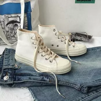 Весенние белые туфли женские чисто белые универсальные высокие парусиновые туфли Ins Trendy Ruian вулканизированные скейтбордовые туфли 35 белый