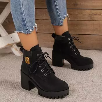 Spring Winter Women Boots High Quality Lace-up High Heels Women European Ladies Shoes Fashion Outdoor Comfortable Boots Women 35 серый