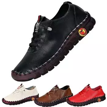 Spring Women Casual Shoes 2024 New Lace Up Leather Loafers Shoe Slip-On Soft Sole Mom Shoe Women Flat Sneakers Mujer Zapatos 35 чёрный