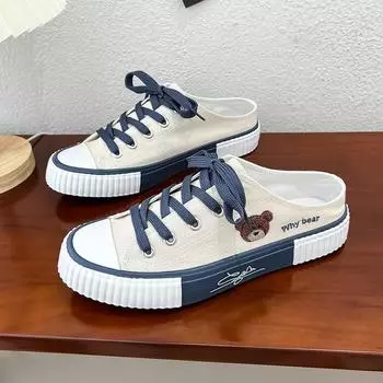 Spring Women Cute Bear Canvas Shoes New Flat Casual All-match Half Slippers Korean Version Trend Lace Up Ladies Vulcanized Shoes 35 чёрный