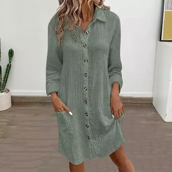 Весеннее женское платье с отложным воротником, свободный крой, длинные рукава, однобортное, однотонное, рубашечного типа XXL зелёный