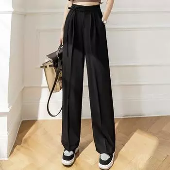 Spring Women Lace Up Straight Leg Suit Pants Female Solid Color High Waisted Trousers Lady Chic Designer All Match Work Pants S хаки