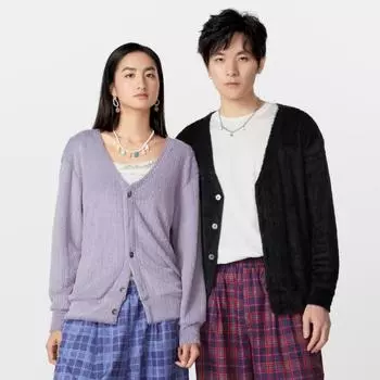 Spring Women Men Long Sleeve Furry Cardigan Unisex Button Up Knit Kimonos M чёрный