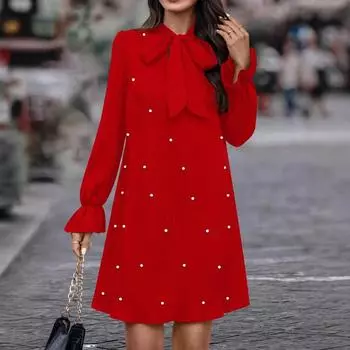 Весенние женские однотонные платья с длинными рукавами и бабочкой, расшитые бисером S чёрный