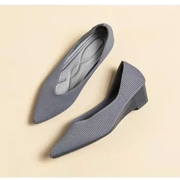 Spring Women s Breathable Knitted Pointed Toe Single Shoes Autumn Fashion Comfortable Slip-on Anti-skid Rubber Soled Wedge Shoes 34