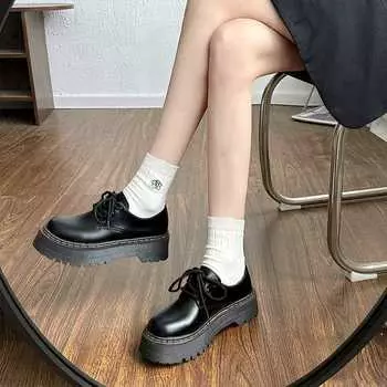 Spring women s casual thick-soled lace-up leather shoes 40 чёрный