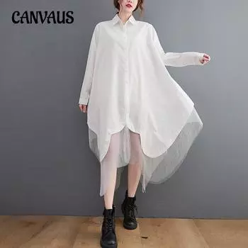 Весеннее женское платье больших размеров со свободным подолом, нерегулярное сращивание, двухслойное сетчатое платье-рубашка, платья One Size белый
