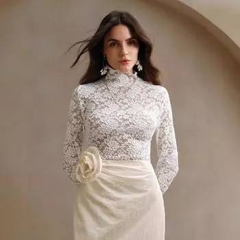 Spring Women s Lace Long Sleeve Stretch High Neck T-Shirt S белый