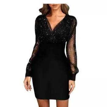 Весеннее женское сетчатое платье с V-образным вырезом и длинными рукавами S чёрный