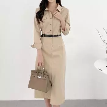 Spring Women s Office Dress Elegant Women Summer Long Sleeve Long Shirt Sundress Robe Dress Casual Solid Color Dress One Size хаки