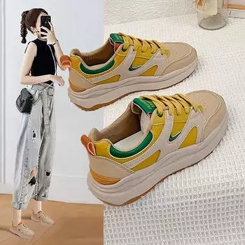 Spring Women s Shoes Sneakers New Height Increasing Thick Bottom Casual Outdoor All-match Shallow Mouth Lace-Up Single Shoes 35 абрикосовый