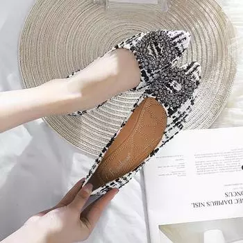 Spring Women Shoes Luxury Brand Women Flats Pointed toe Office Ladies Plaid Shoes Woman Boat Shoes Big Size 2024 34 белый