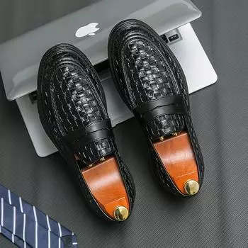 Spring Woven Leather Shoes Black Loafers Men s Luxury Brand Shoes High Quality Moccasin Leather Soft-soled Shoes Casual Shoes 38 чёрный