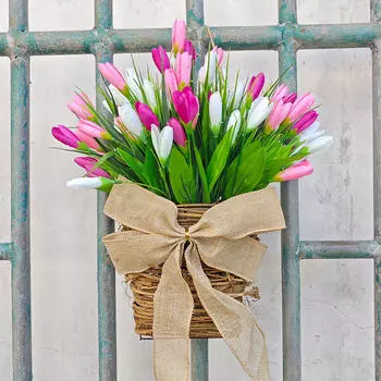Весенний венок, искусственные цветы тюльпана, подвесная корзина для патио, входная дверь, венок, гирлянда для сезонного использования