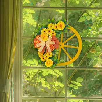 Spring Wreath Yellow Artificial Flowers and Wheel Year Lifelike Decoration for Window