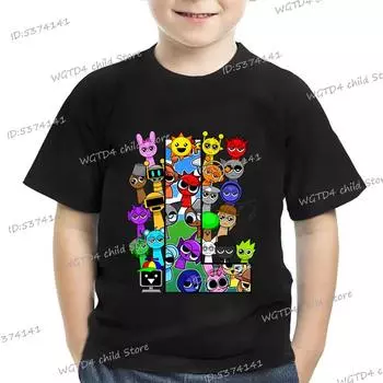 Sprunki Детская одежда Буква AZ Мультфильм Sprunki Модная футболка Смешные топы с коротким рукавом Y2K Футболка для мальчиков и девочек с игрой ужасов 100 cm