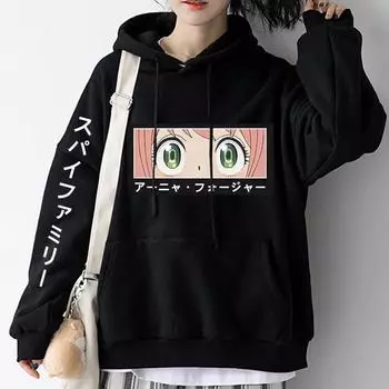 Spy X Family Аниме-толстовка с капюшоном Anya Printed для мужчин и женщин, толстовки с капюшоном, распространенная толстовка Harajuku Streetwear, унисекс, удобный пуловер XS чёрный